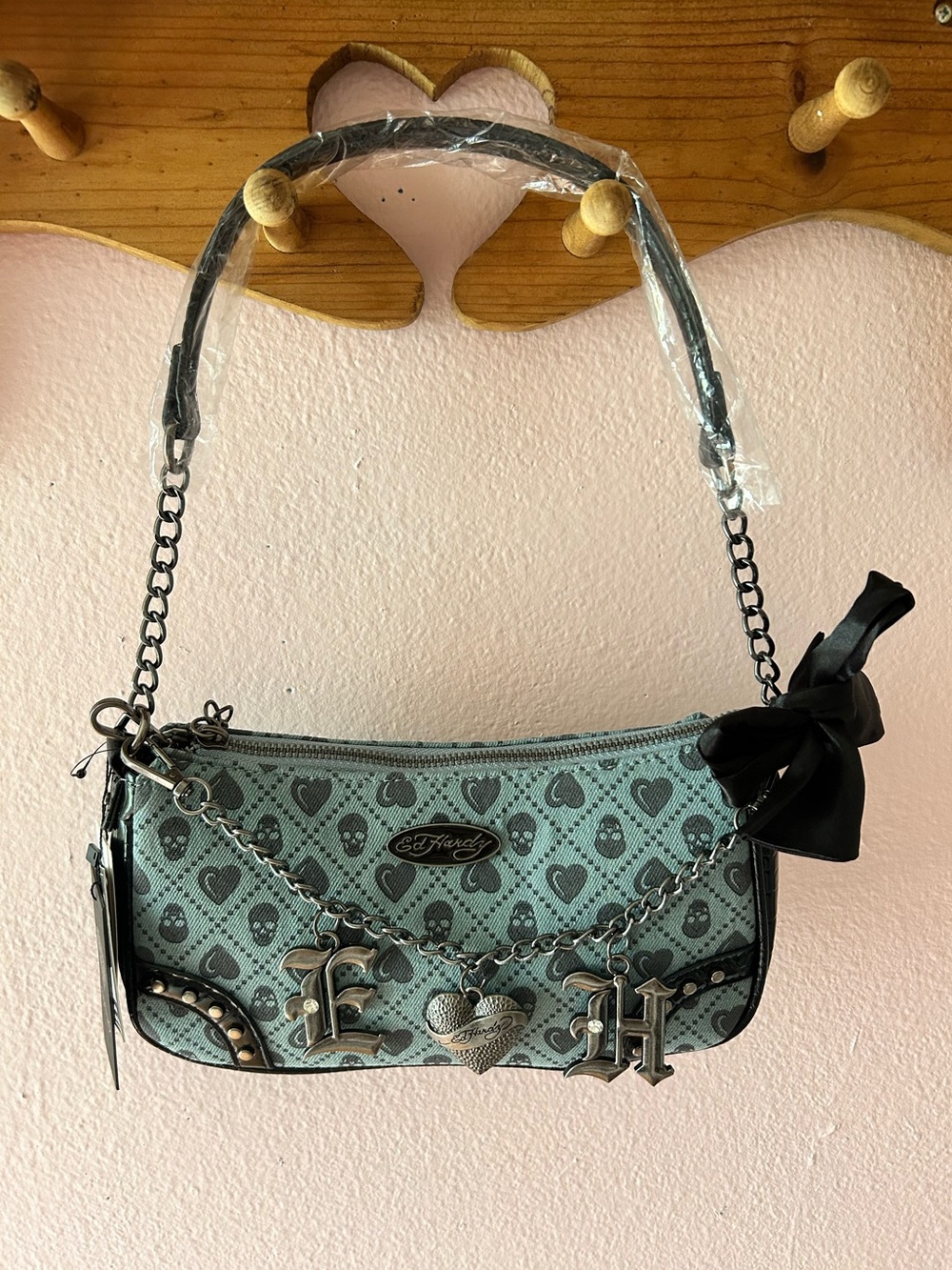 Vintage Y2K Ed Hardy black denim charm baguette crossbody
